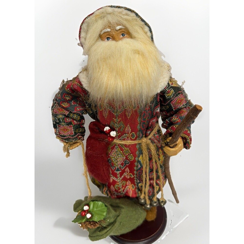 Vintage 16” Old World Santa Claus Tapestry Robe Staff Sack Christmas Figure READ